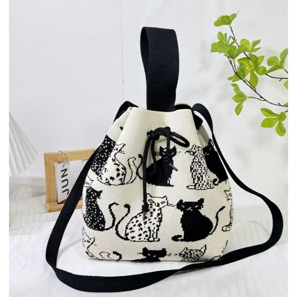 Black White Cat Bucket Bag Shoulder Crossbody Knit Drawstring - Picture 4 of 11